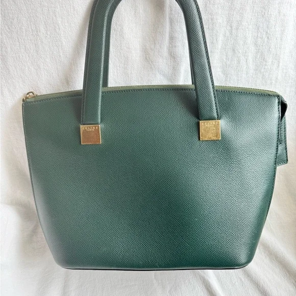 Vintage Celine Logo Plate Leather Tote Green Gold Hardware Authentic - Picture 5 of 8